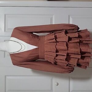 Angel Biba Deep V- Neck Back Zip Balloon Sleeve Ruffled Party Dress - Size S